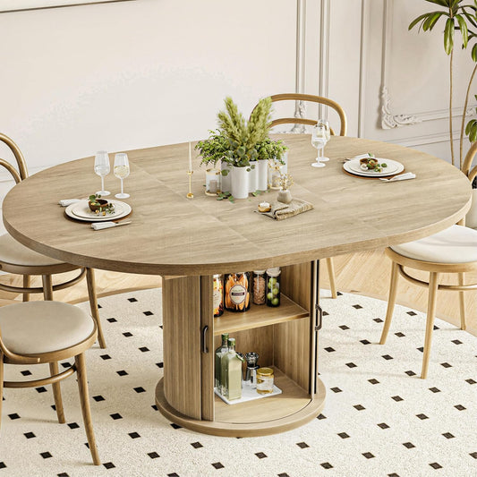 47-63In Extendable round Dining Table for 4-8 Modern round Kitchen Table Circle Dining Table with 2-Tier Storage Shelf, Space Saving Expandable Wood Oval for Living Room Walnut Oak