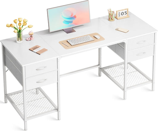 55 Inch White Desk with 4 Drawers, Vanity Desk with Mesh Shelf for Makeup, Computer Desk for Home Office with Large Storage, Bedroom, Work from Home