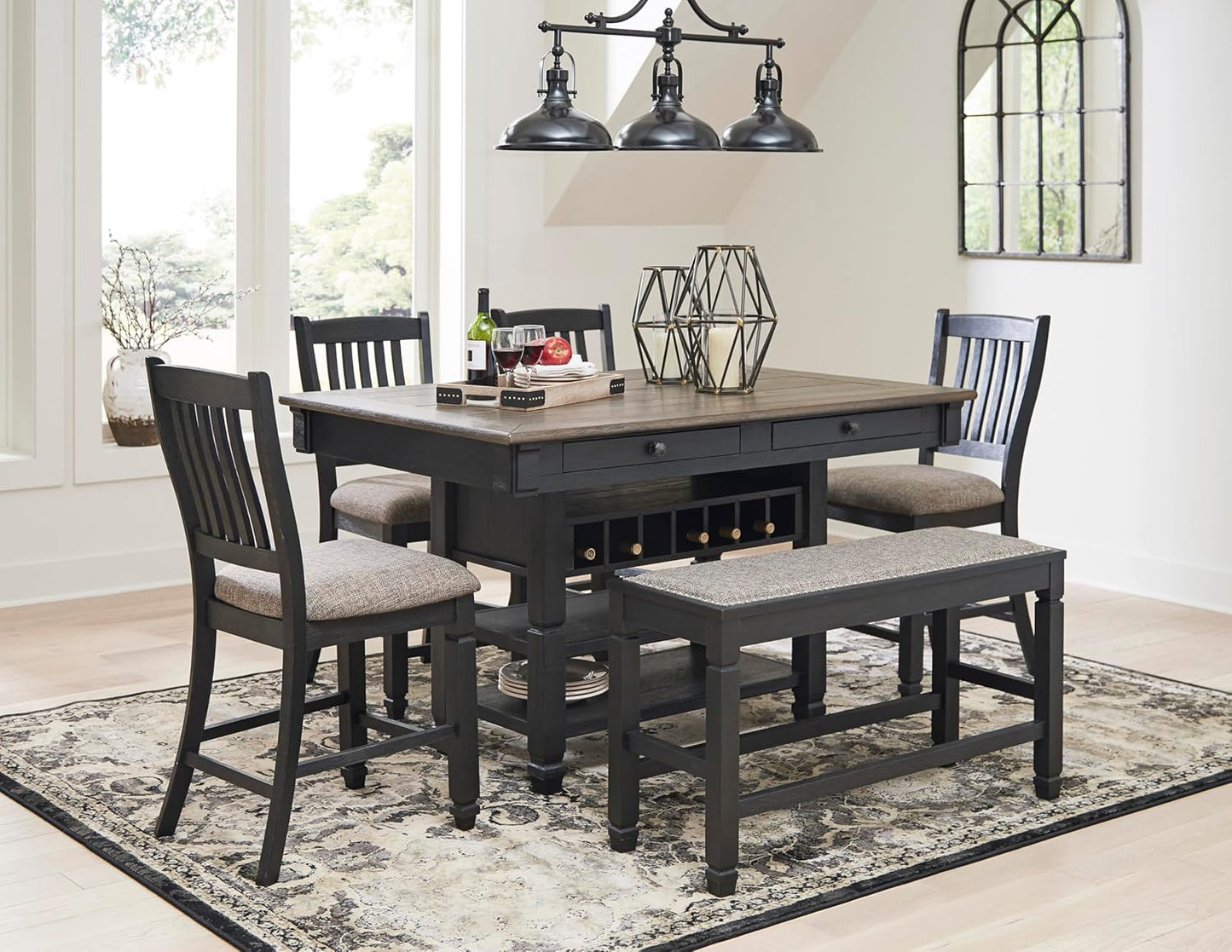 Tyler Creek Farmhouse 36"Counter Height Dining Table with Wine Rack, Amost Black