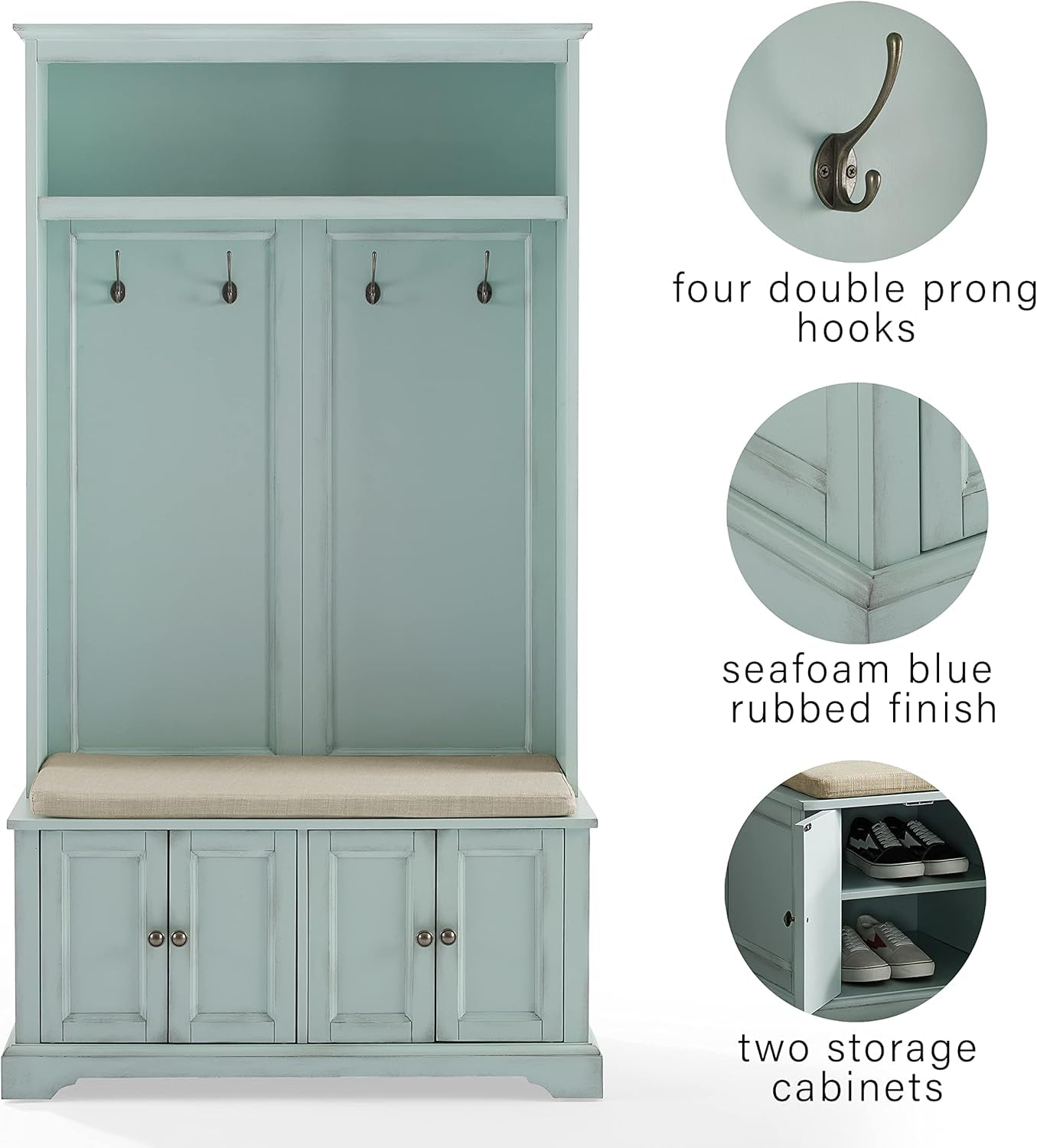 Holbrook Hall Tree with Shoe Rack Bench and Coat Hooks for Hanging Storage, Distressed Seafoam Blue