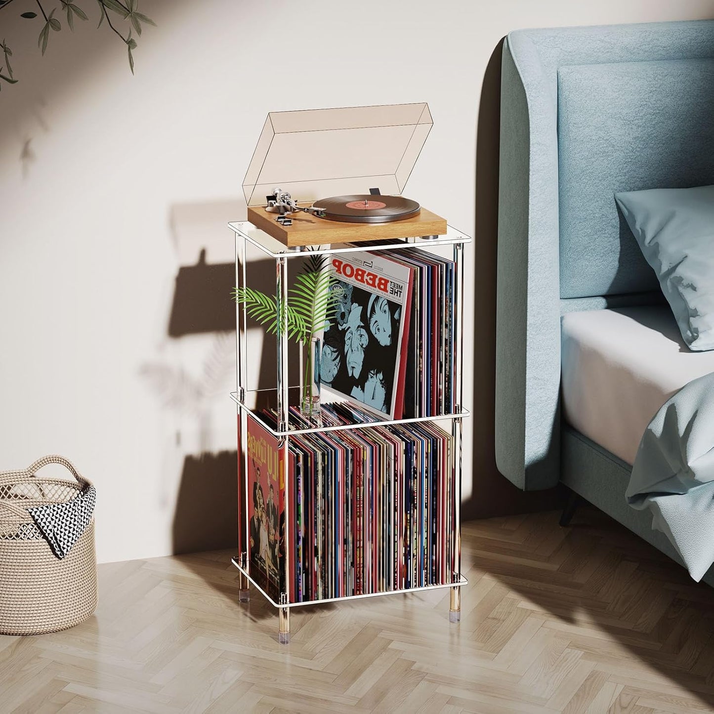 Acrylic Record Player Stand, 3-Tier Clear Turntable Table with Vinyl Record Storage, 15.74" L X 11.81" W X 30.7" H, Tall Modern Side Table/End Table for Living Room, Bedroom JJ00041