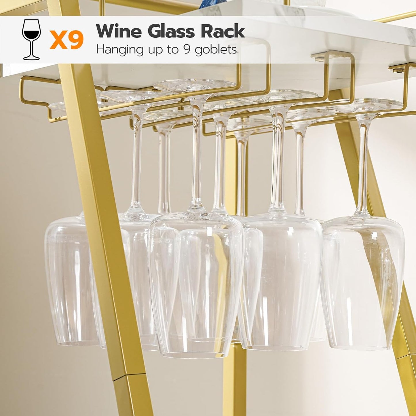 Bar Cart Gold, Home Bar Serving Cart, Kitchen Cart, Rolling Beverage Cart & Wine Rack and Glass Holder 2 Storage Shelves, Cocktail Cart for Home Dining Party, White and Gold DM27TC01