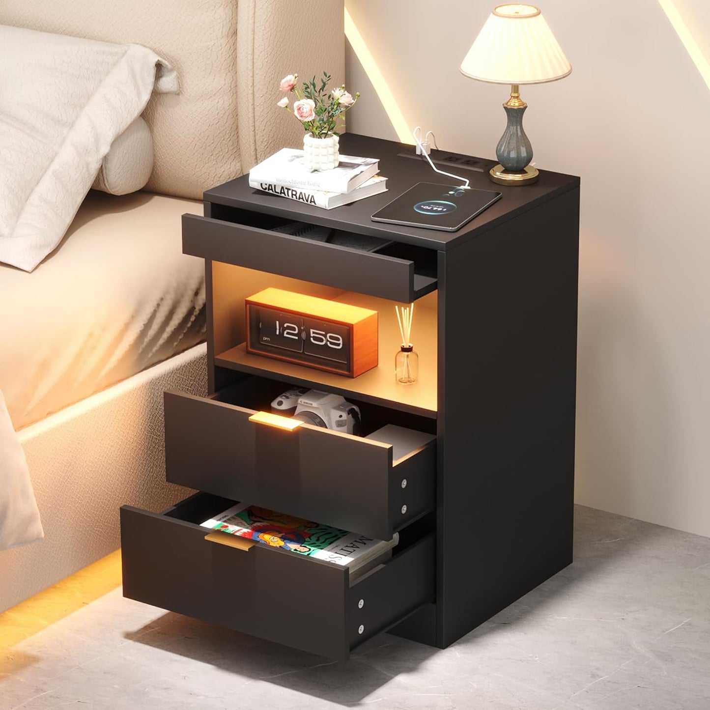 Night Stand, Bedside Table, LED Nightstand with Charging Station, Modern Night Stand, Wood Sofa Couch End Side Table with 2 Pull-Out Shelf (Black)