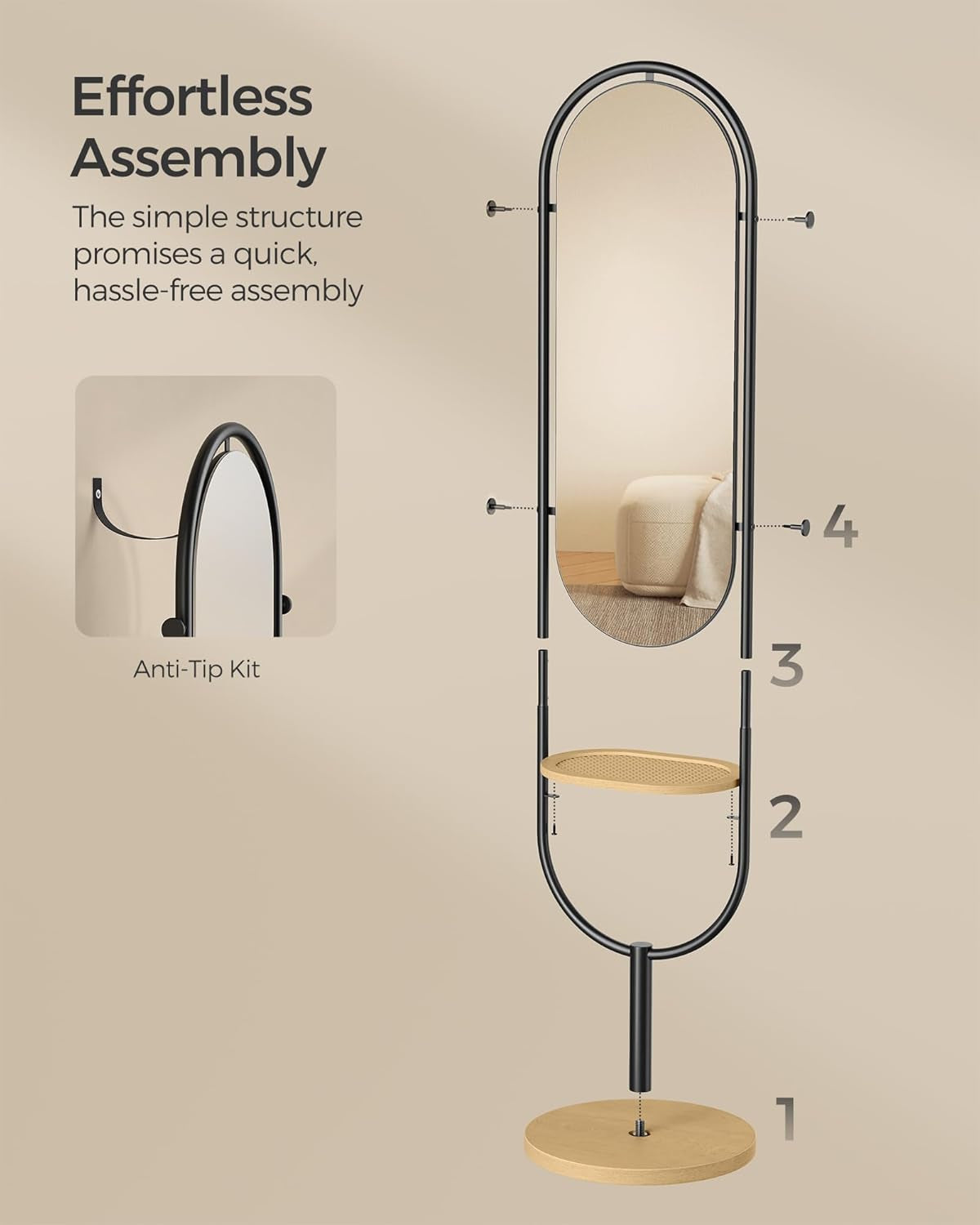Full-Length Floor Mirror, 3-In-1, Modern Standing Full Body Mirror, Inspired by Original Award-Winning Design, 16.5 X 18.9 X 68.9 Inches, Living Room, Bedroom, Oak Beige and Ink Black