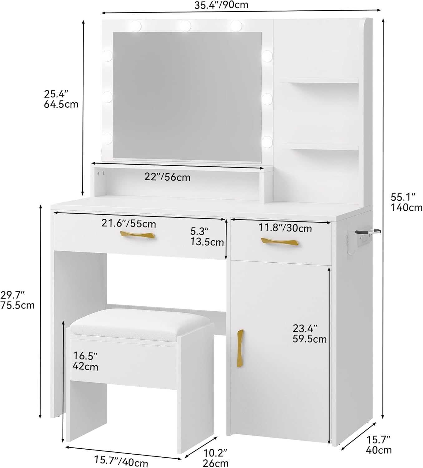 Vanity Desk with Mirror, Makeup Vanity Set with Power Strip, 9 Dimmable Bulbs, Drawers, Cabinet, Shelves, and Stool, 3-Color Adjustable Lighting, Elegant Vanity for Dressing Room, White