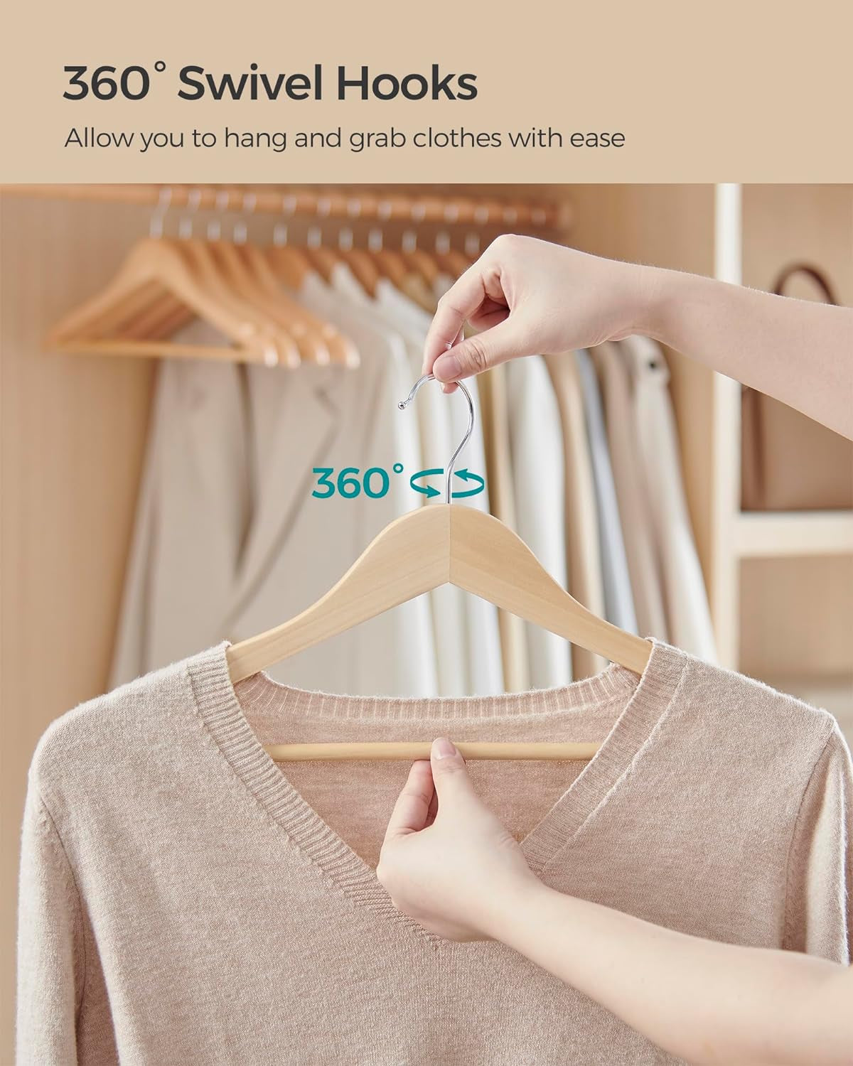 Wooden Hangers, Pack of 24, Coat Hangers, Non-Slip, Pants Bar, 360° Swivel Hooks, for Jackets, Shirts, Coats, Natural Beige UCRW010N24