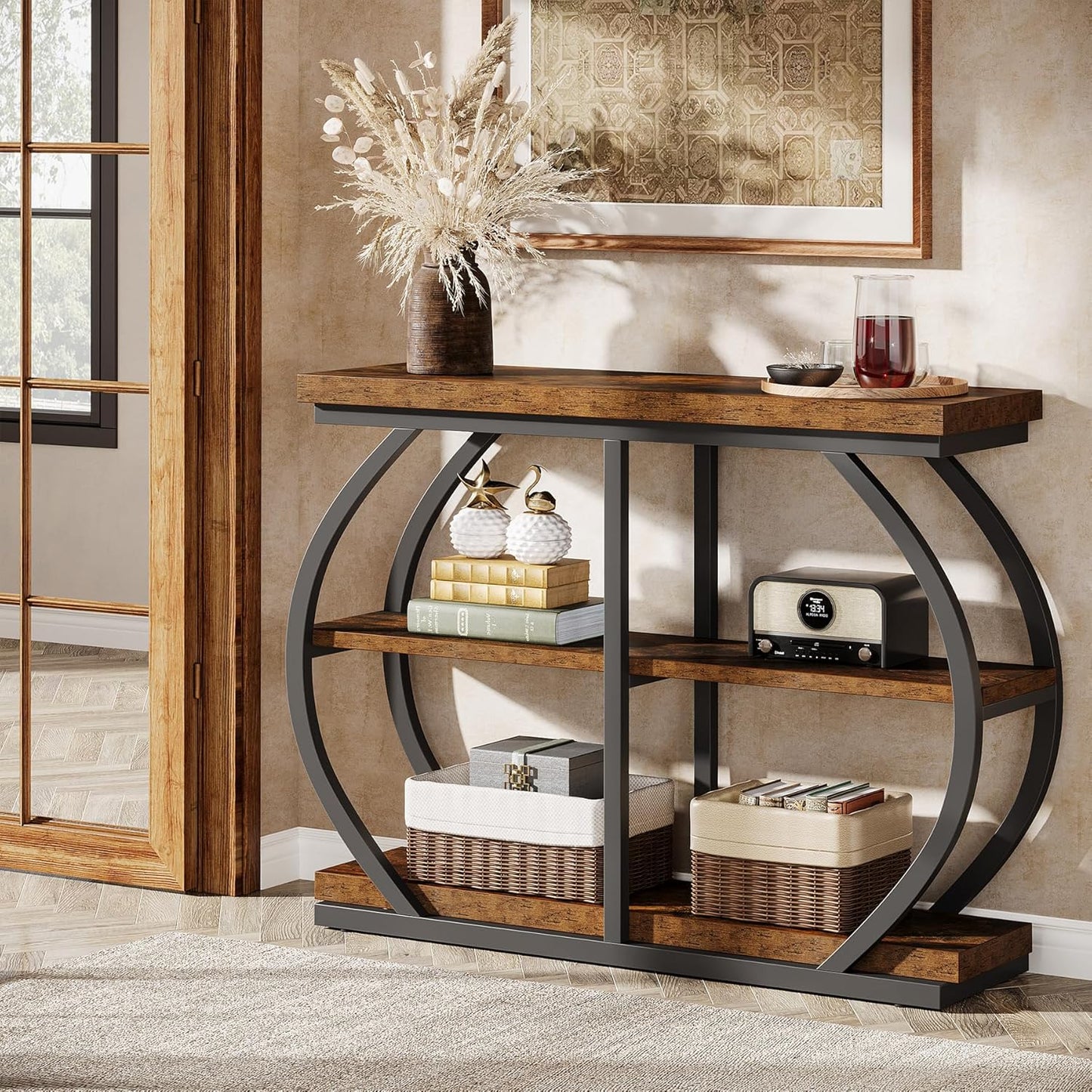 41.3" Console Table, Industrial 3-Tier Entryway Table with Arched Metal Frame and Storage Shelves for Living Room, Hallway, Rustic Brown