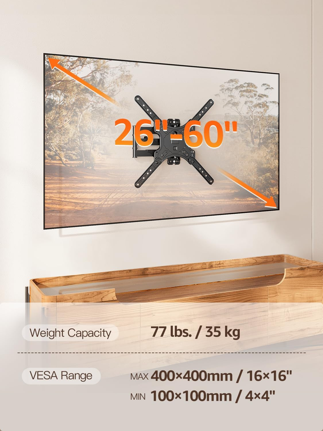 TV Wall Mount for Most 26-60 Inch Tvs, Swivel and Tilt Full Motion TV Mount with Single Stud Perfect Center Design, Wall Mount Bracket Max VESA 400X400Mm, Corner Mount Holds up to 77 Lbs.