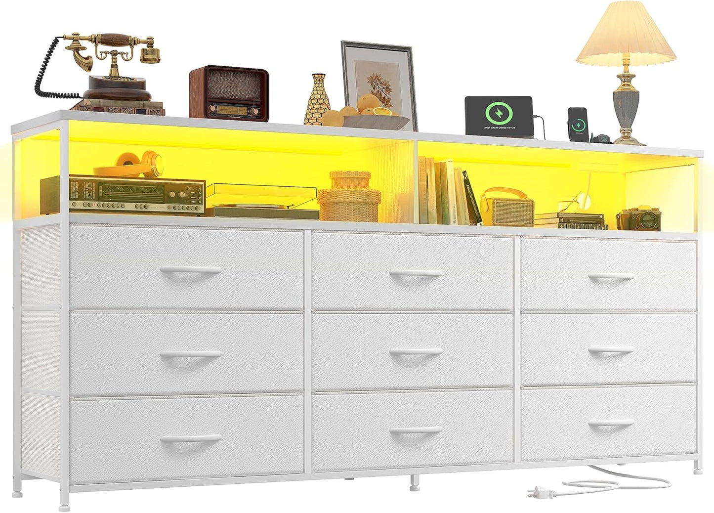 55" W White Dresser for Bedroom with 9 Drawers, LED TV Stand with Power Outlets for 45, 55, 65 Inch TV, Sturdy Long Chest of Drawers with Extra 2 Wooden Shelves, 55.1" W X 35.4" H X 11.8" D
