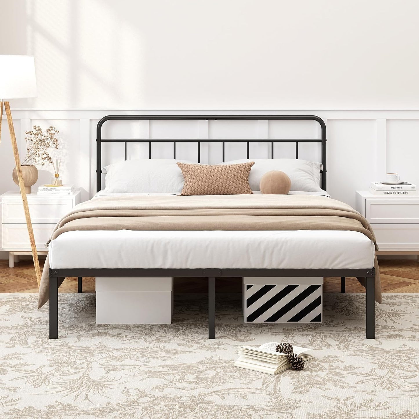 12 Inches Queen Size Bed Frame with Minimalist Headboard,Metal Platform Base with Strong Metal Slats,Mattress Foundation for under Bed Storage,Easy Assembly,Black
