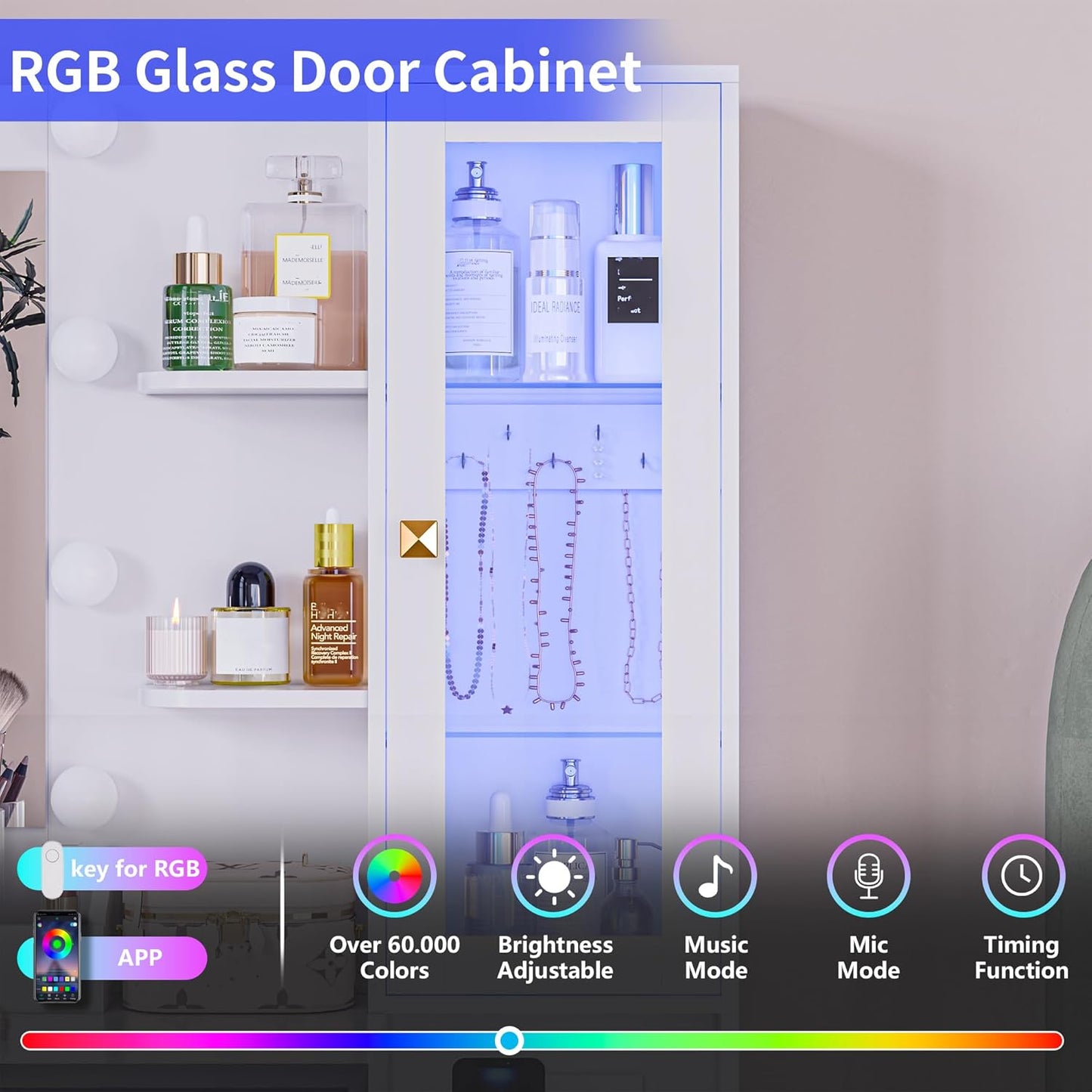 Vanity Desk with Mirror and Lights, White Makeup Vanity with 5 Drawers Hidden Jewelry Organizer& LED Glass Cabinet,3 Light Mode and Brightness Adjusted,Vanities Mirror with Lights Desk and Chair