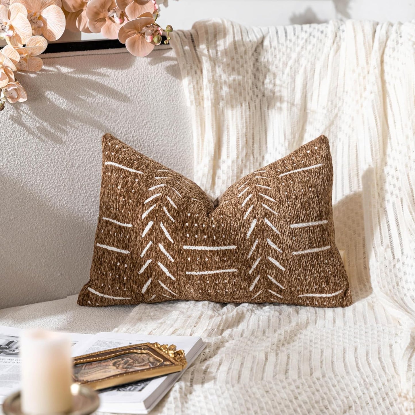 Fall Brown Decorative Lumbar Throw Pillow Covers 12X20, Set of 2, Boho Farmhouse Cushion Cover, Soft Accent Pillowcase for Couch Sofa Bed Living Room Home Décor