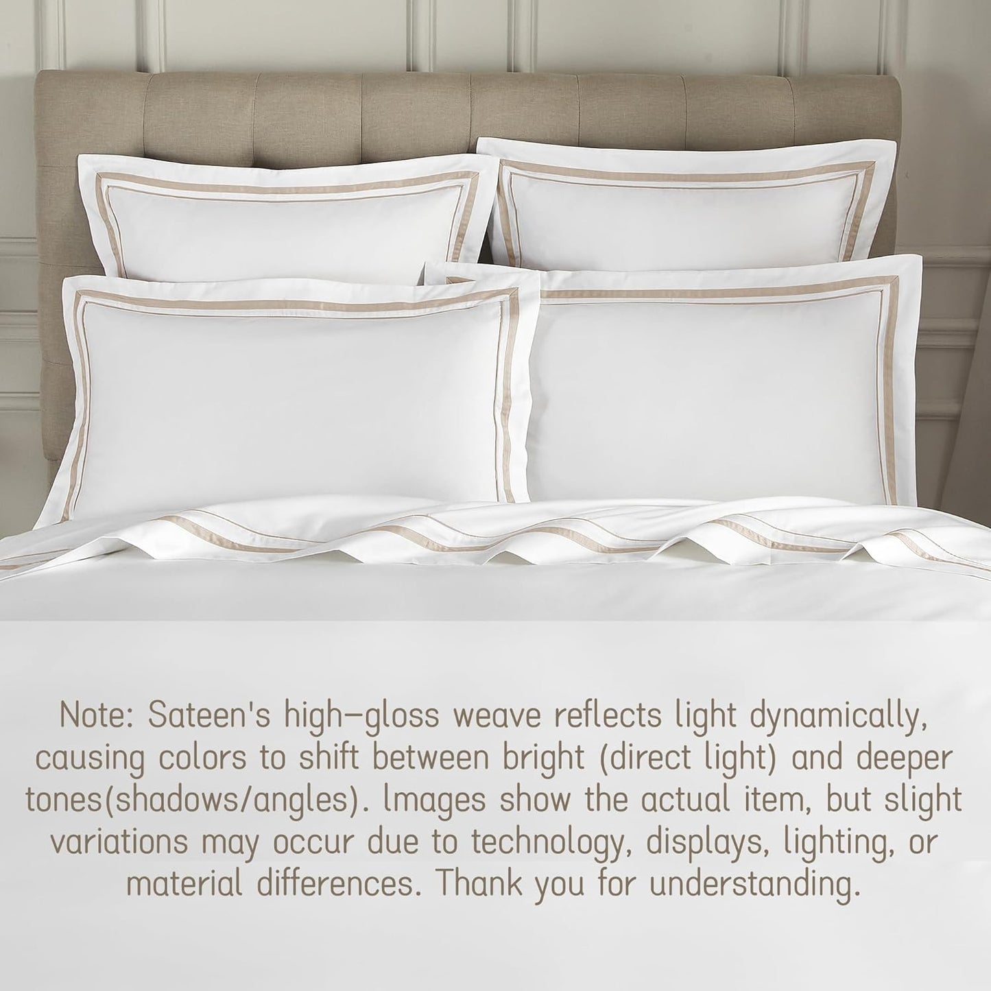 White Pillow Shams King Size Set of 2, 100% Cotton 400TC Sateen Luxury Hotel Pillow Cases, Pipping Oxford Pillowcases with Envelope Closure for Bedding Linen, 20X36 Inches (White with Khaki)