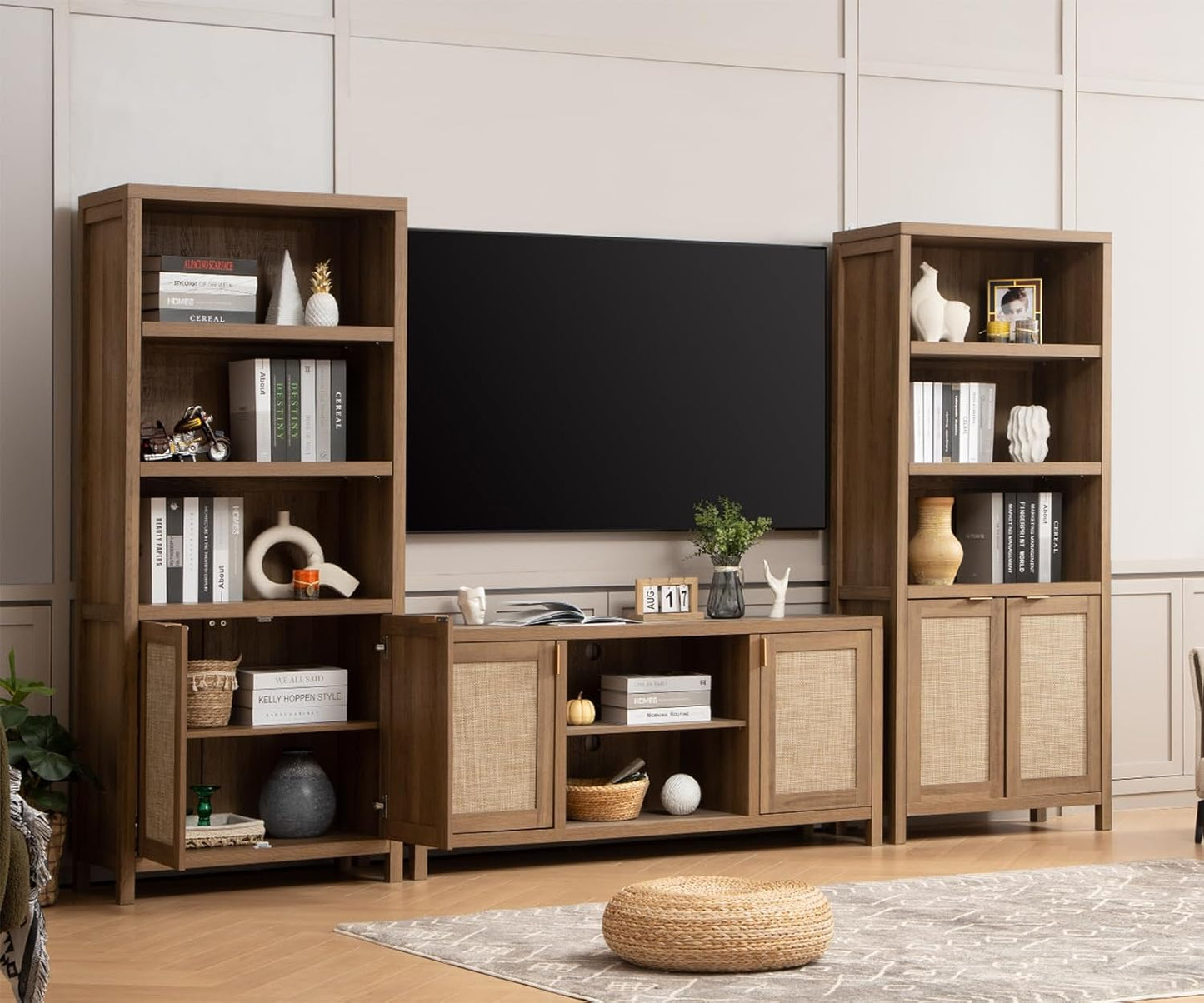 TV Stand for Living Room : Rattan TV Console Cabinet with Storage and Shelf, Boho Entertainment Center, 59" Media Console for 55, 65 Inch TV, 26" Tall Television Stands, Oak