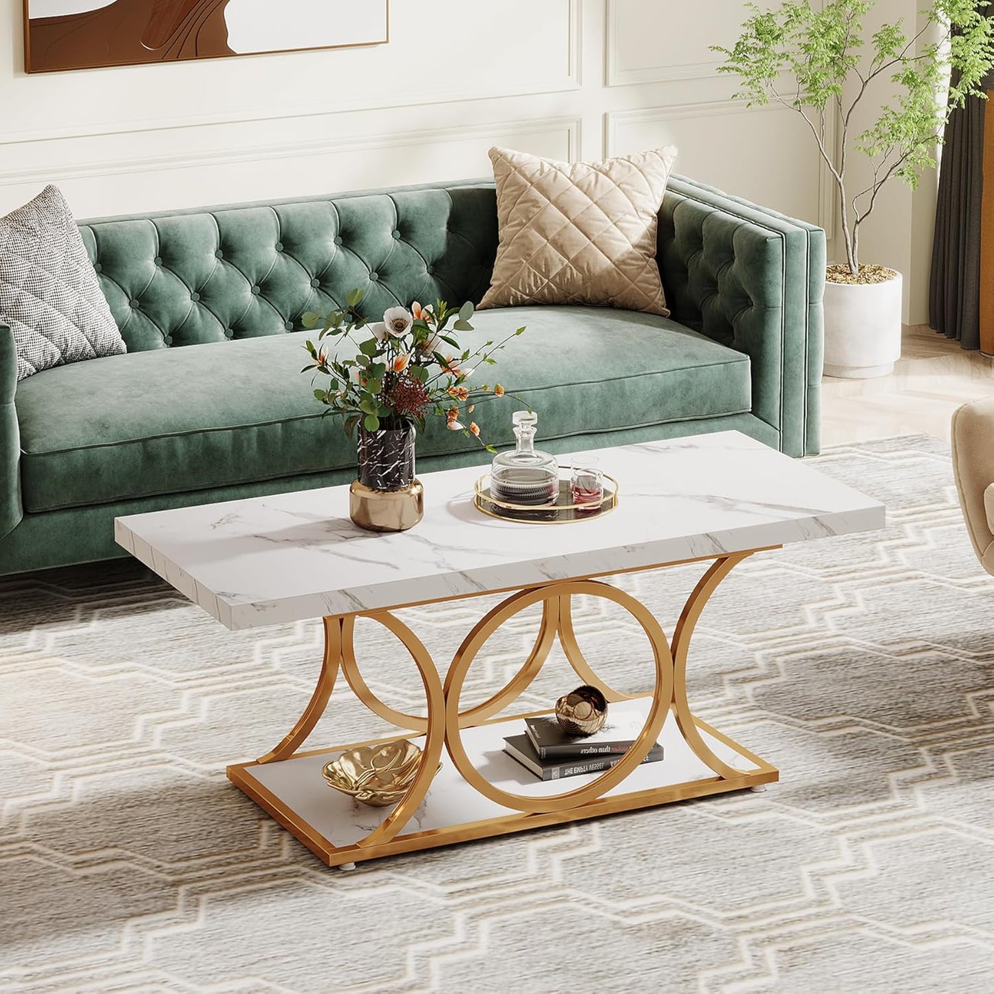 Rectangle Coffee Table, 46.45-Inch Modern Coffee Tables for Living Room, 2-Tier Faux Marble Wood Coffee Table with Geometric Legs, Furniture with Storage Shelf (White & Gold)