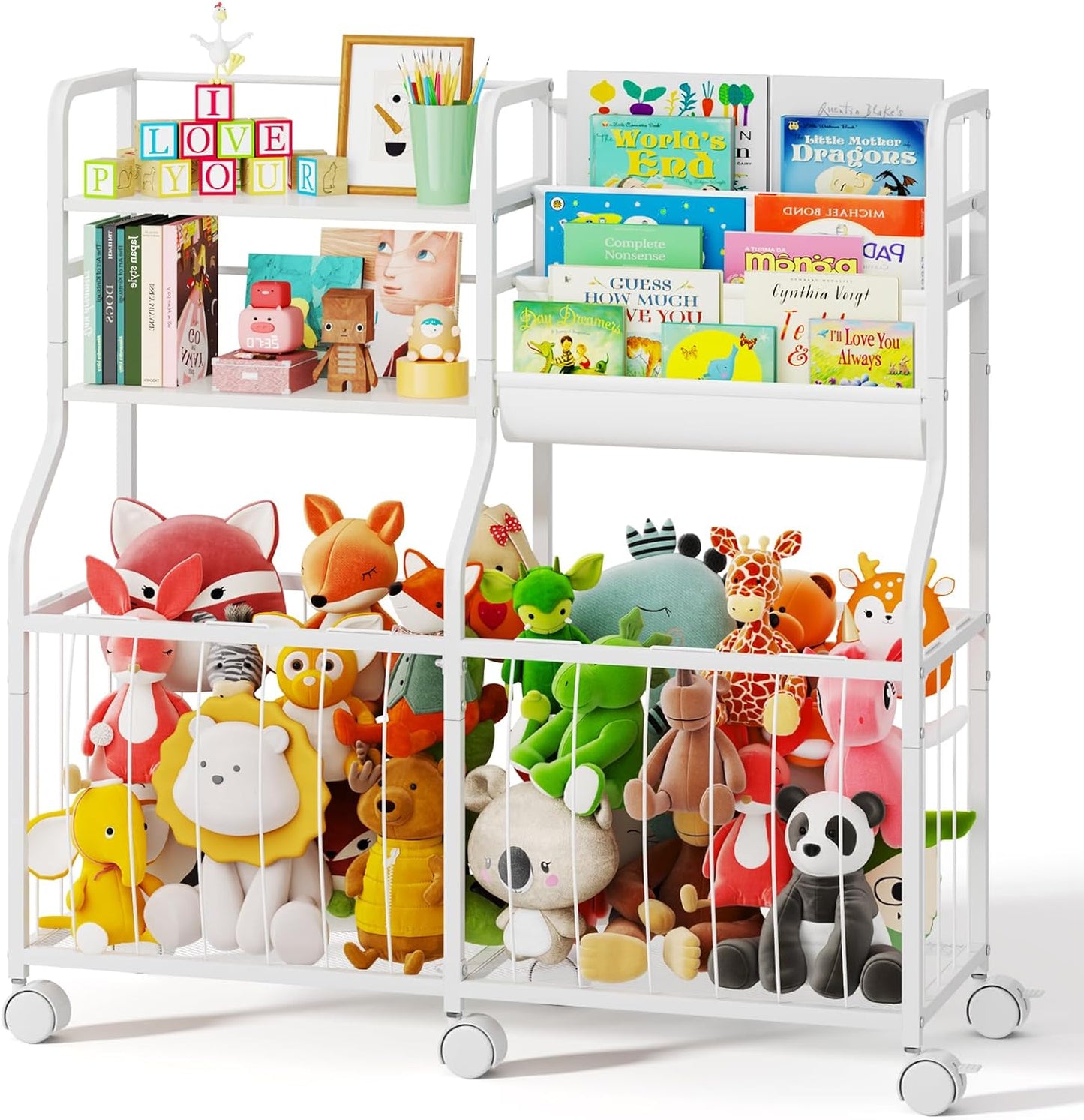 Stuffed Animal Storage Organizer - Rolling Kids Bookshelf and Toy Storage with 3 Tiered Book Display and Toy Chest - Rolling Furniture for Kids Room, Playroom, Bedroom, Nursery, White