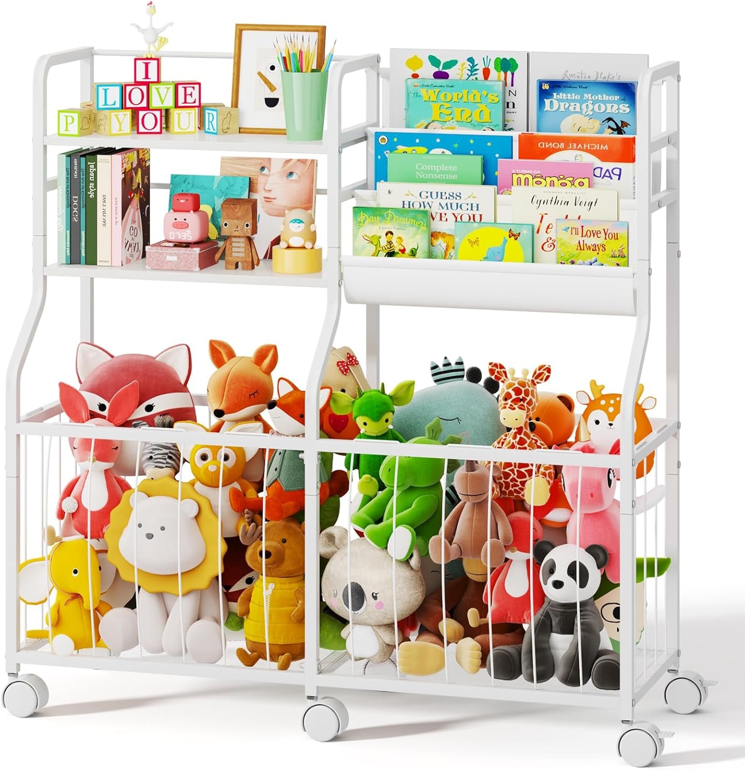 Stuffed Animal Storage Organizer - Rolling Kids Bookshelf and Toy Storage with 3 Tiered Book Display and Toy Chest - Rolling Furniture for Kids Room, Playroom, Bedroom, Nursery, White