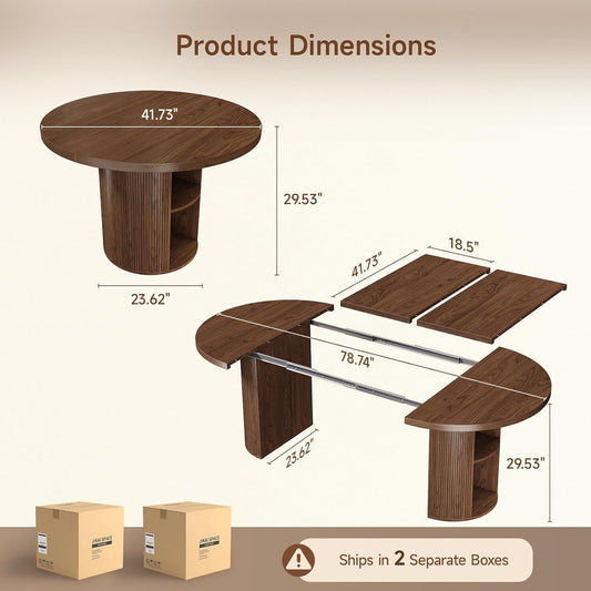 41-78 Inch Extendable Dining Table for 4-8, Fluted Expandable Kitchen Table with Storage, 2 Leaf, Mid Century Modern Oval Dinner Tables for Dining Room, Kitchen, Living Room, Walnut