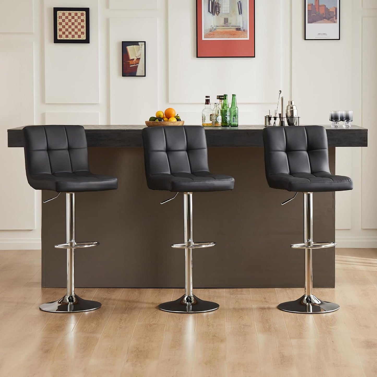 Bar Stools Set of 4, 24 Inch Counter Height Bar Stools, Upholstered Modern Kitchen Barstools with Metal Base, PU Leather Saddle Stools for Kitchen Island, Black