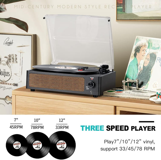 Vinyl Record Players Vintage Turntable with Speakers Belt-Driven Turn Tables Support 3-Speed, Bluetooth Wireless Playback, Headphone, Aux-In, RCA Line LP Phonograph Auto Stop Retro Black