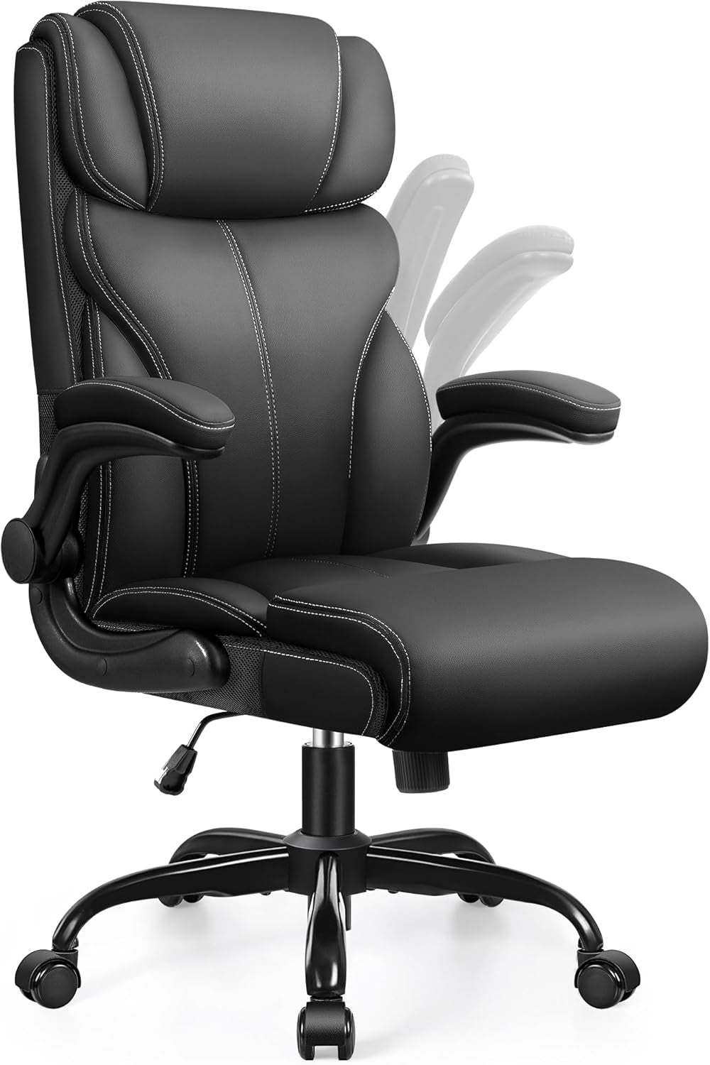 PU Leather Executive Office Chair, Ergonomic High-Back Computer & Gaming Chair with Adjustable Height, Rolling Swivel & Flip-Up Armrests, Comfy Padded Seat for Home Office-Black