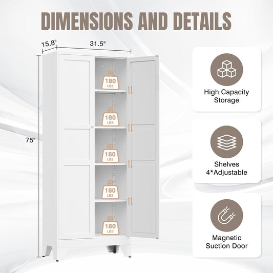 Metal Pantry Cabinet, 75" Kitchen Pantry with 2 Door and 4 Adjustable Shelves,White Metal Pantry Storage Cabinet,Cupboard for Kitchen,Dining Room,Living Room and Bathroom