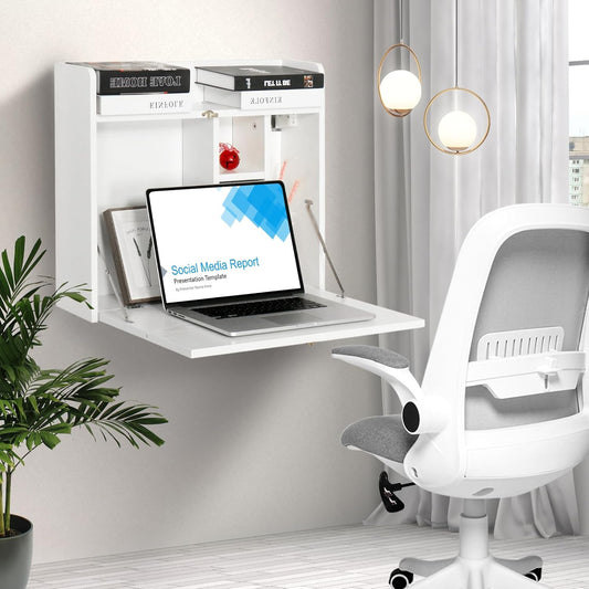 Wall Mounted Table, Multifunctional Fold down Wall Mounted Laptop Computer Desk with Storage Compartments for Home, Office, White