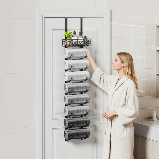 Hanging Towel Racks for Bathroom - 9 Tier over the Door & Wall Mounted Bath Rolled Towel Storage Organizer Holder for Small Bathroom, RV, Camper, Black (Patented)