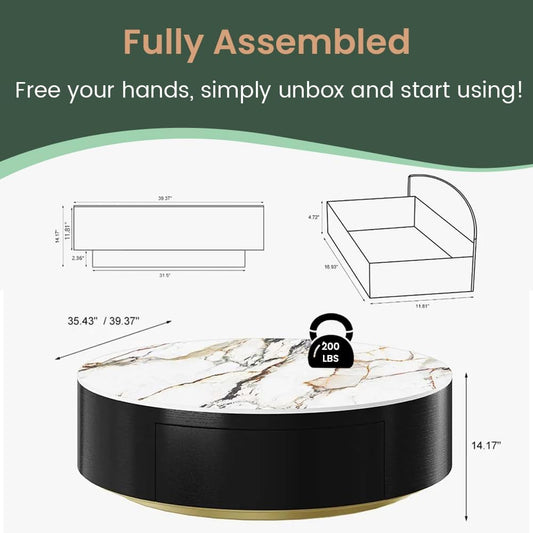 Modern Drum Coffee Table with Storage, Sintered Stone Top round Coffee Table with Drawers, Oak Veneer, Fully Assembled, 39.37"