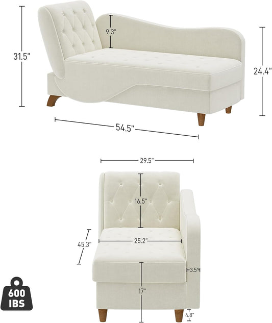 Chaise Lounge Chair Indoor with Storage, Adjustable Backrest Recling Reading Chair Sleeper Sofa Bed with Pillow, 3 in 1 Velvet Futon Lounge Chair for Living Room Bedroom, Beige White