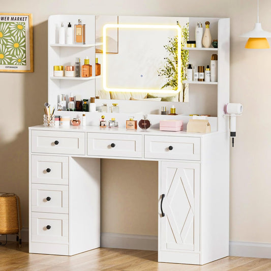 Makeup Vanity Desk with Mirror and Lights, Large Vanity Table with 6 Drawers & 1 Storage Cabinet, White Bedroom Dresser Table for Girls, 3 Color Modes Adjustable Mirror, White