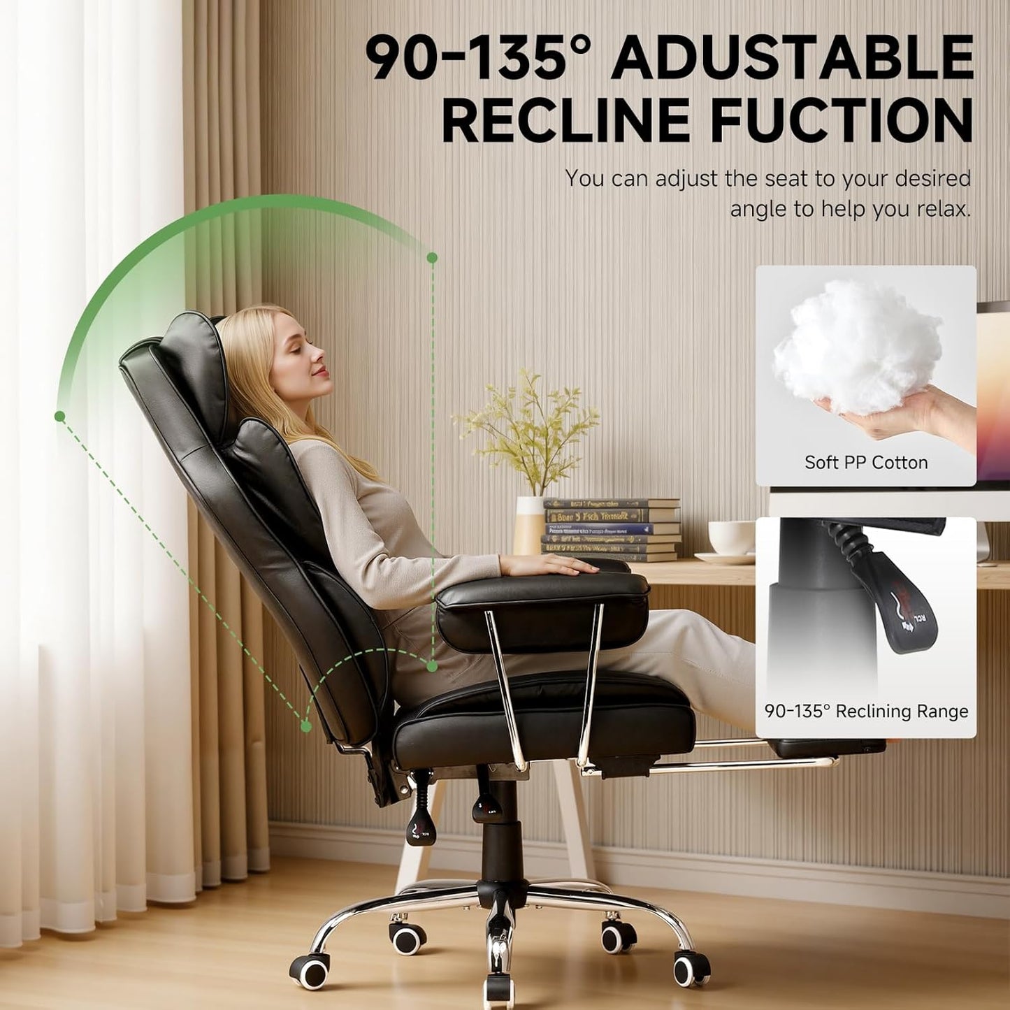 Big and Tall Office Chair, High Back Leather Gaming Chair with Footrest, Executive Ergonomic Office Chair with Pocket Spring Lumbar Support and with Outward Fixed Soft Armrests