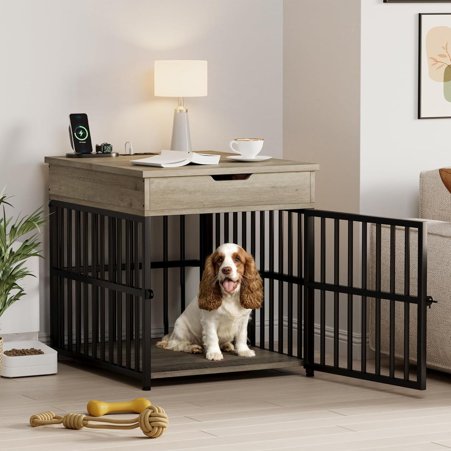 Dog Crate Furniture for Small Dogs, Wooden Dog Kennel with Flip Top Drawer, Indoor Pet Crate End Table with Charging Station, Steel-Tube Dog Cage, Gray