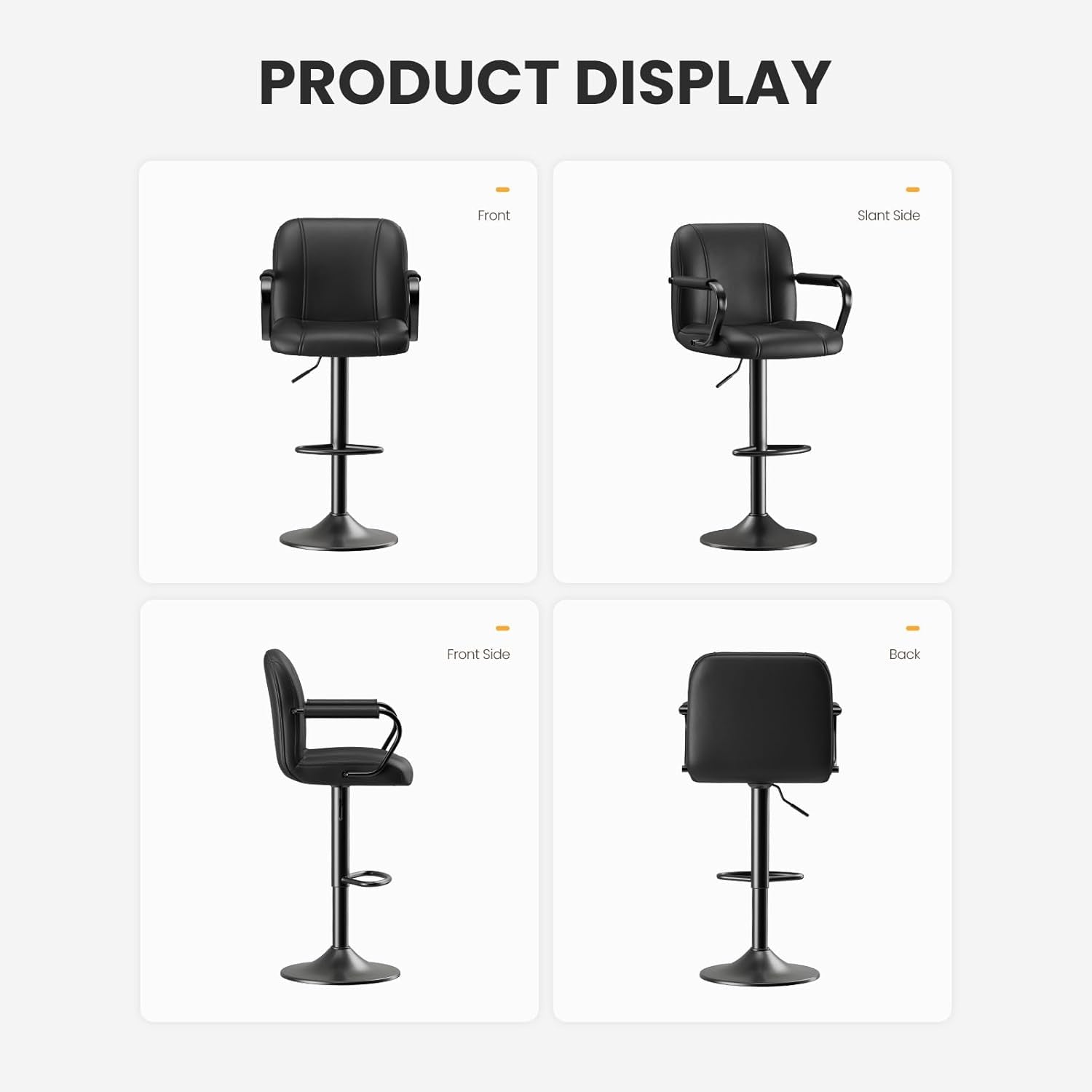 Set of 2 Modern Bar Stools with Backs - Adjustable High Chairs for Kitchen Island, Barstools for Home Bar, Island Stools, Sillas Altas Para Barra De Cocina, Black PU Leather