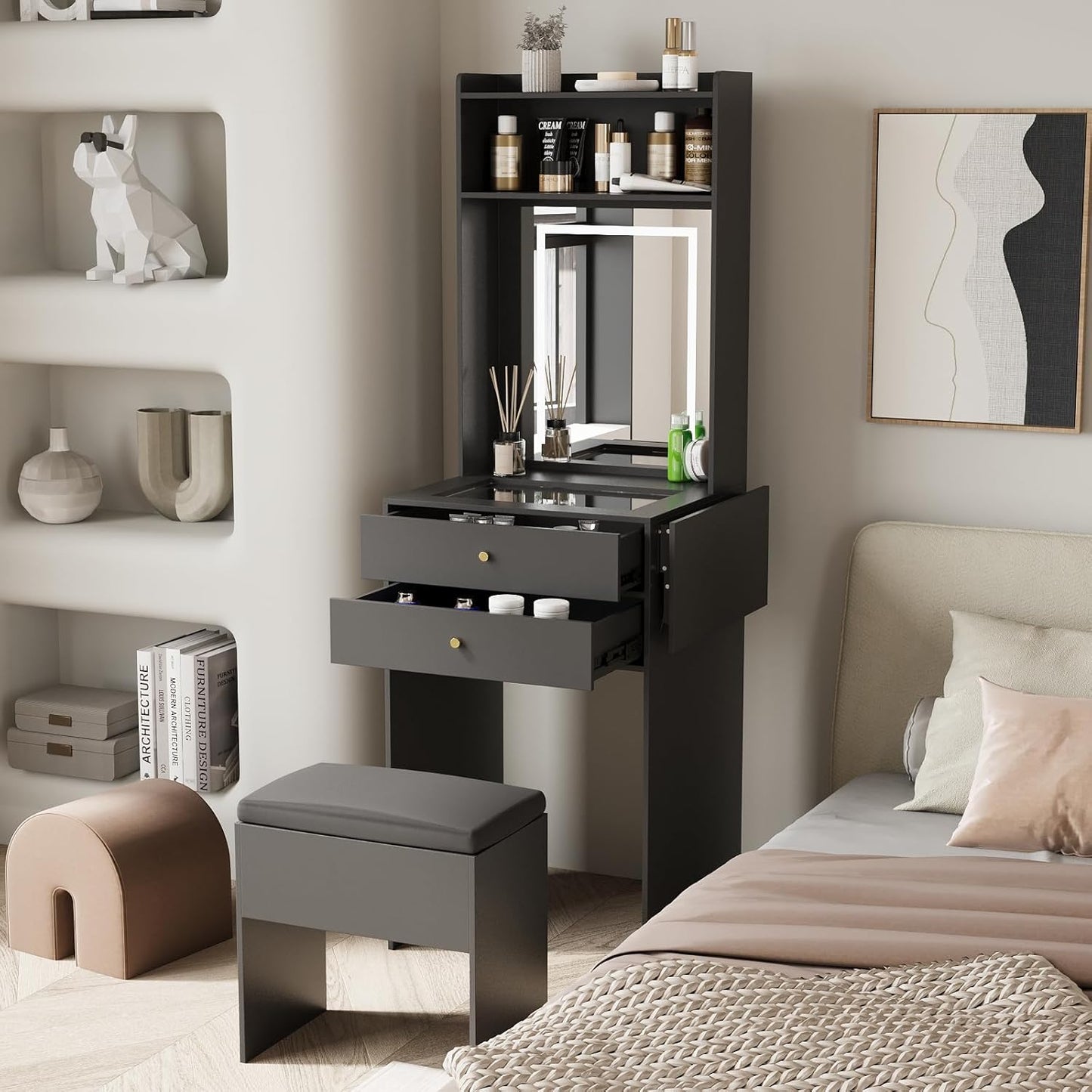 Small Vanity Desk Set with 3 Adjustable Lighted Mirror and Storage Chair Mini Black Makeup Vanities Set for Bedroom Compact Make up Dressing Table with Fold-Up Panel for Tiny Space