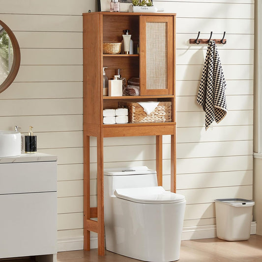 over the Toilet Storage Cabinet with Rattan Sliding Door, 68" Tall Wood above Toilet Bathroom Organizer W/Adjustable Shelf & Curved Profile, Space Saver Freestanding Washer Shelf