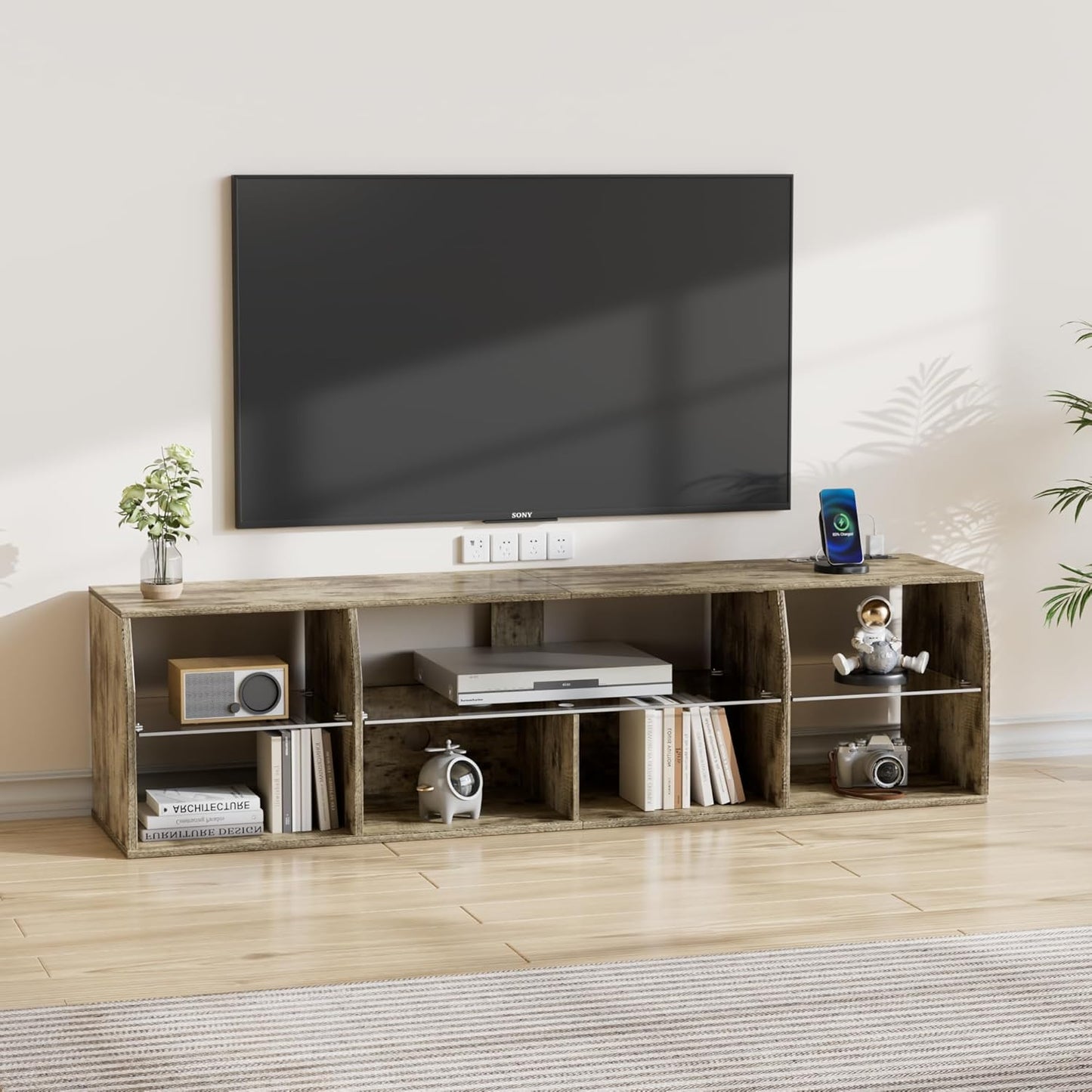 LED TV Stand for 65 Inch Entertainment Center with Power Outlets, Industrial Television Cabinet with 7 Open Storage Shelves, for Living Room and Bedroom, Light Brown, 65Inch