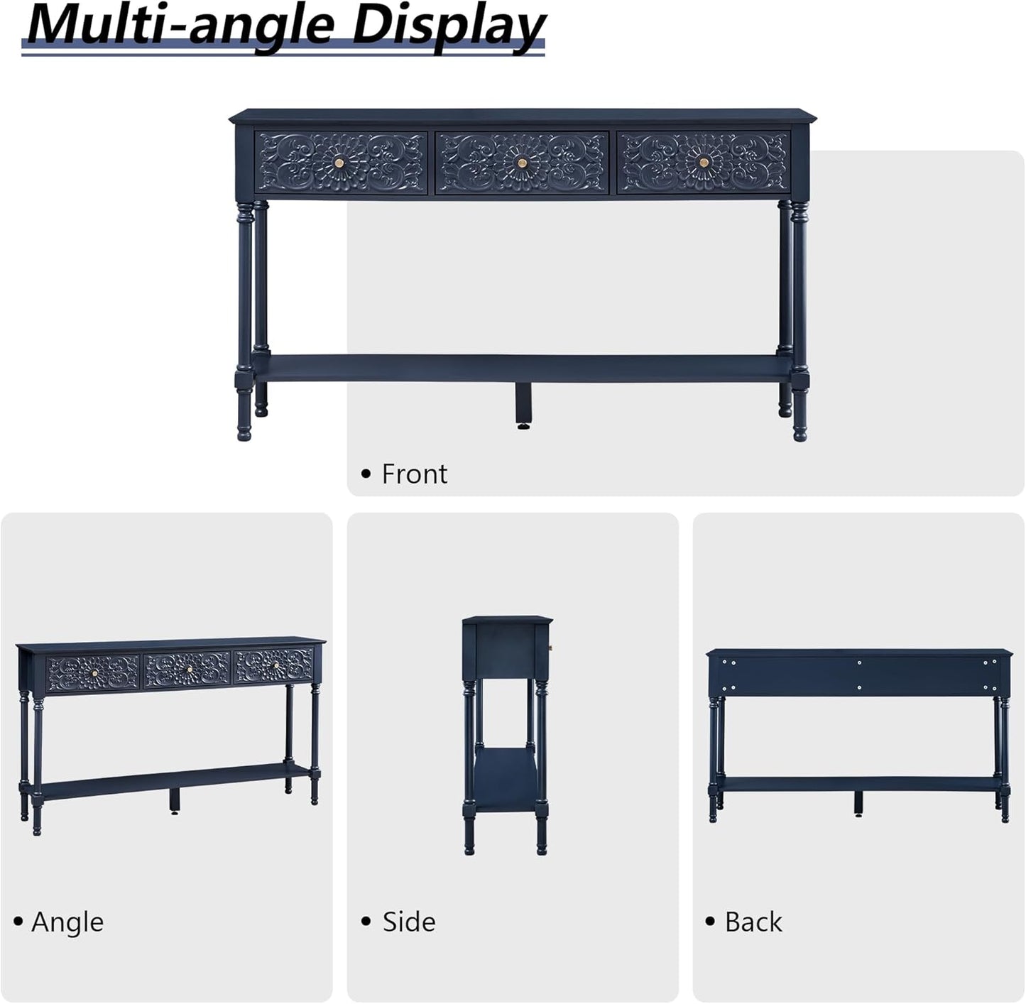 55.5" Carved Console Table with 3 Drawers, 2-Tier Sofa Table with Glossy Floral Surface and Solid Wood Legs, Mid-Century Modern Entryway Table for Living Room Hallway (Antique Black-Brown)