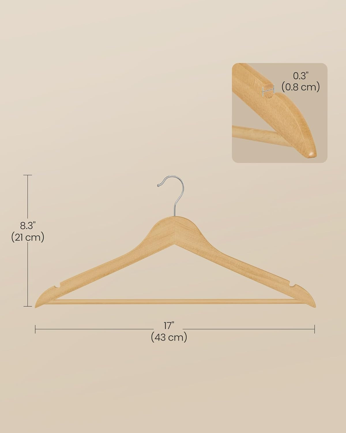 Wooden Hangers, Pack of 30, Coat Hangers, Pants Bar, 360° Swivel Hooks, Solid Birch Wood, Space Saving, for Jackets, Shirts, Coats, Natural Beige UCRW030K01