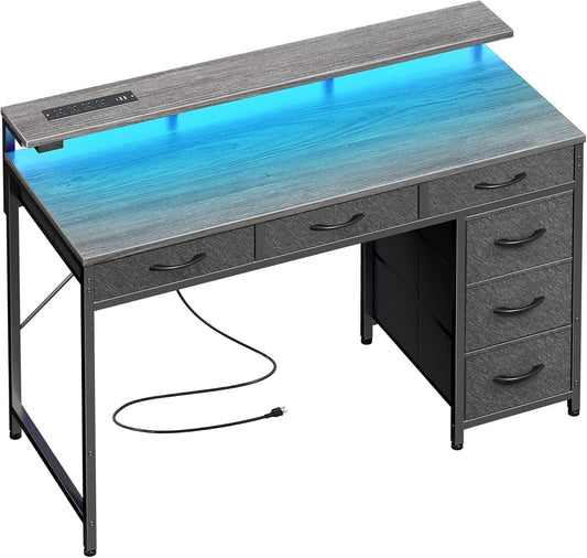 Gaming Desk with 6 Drawers, Computer Desk with LED Lights Power Outlets and Type-C, 39 Inch Office Desk with Storage, Monitor Stand, Writing Desk Work Desk for Home Office, Bedroom, Study, Grey