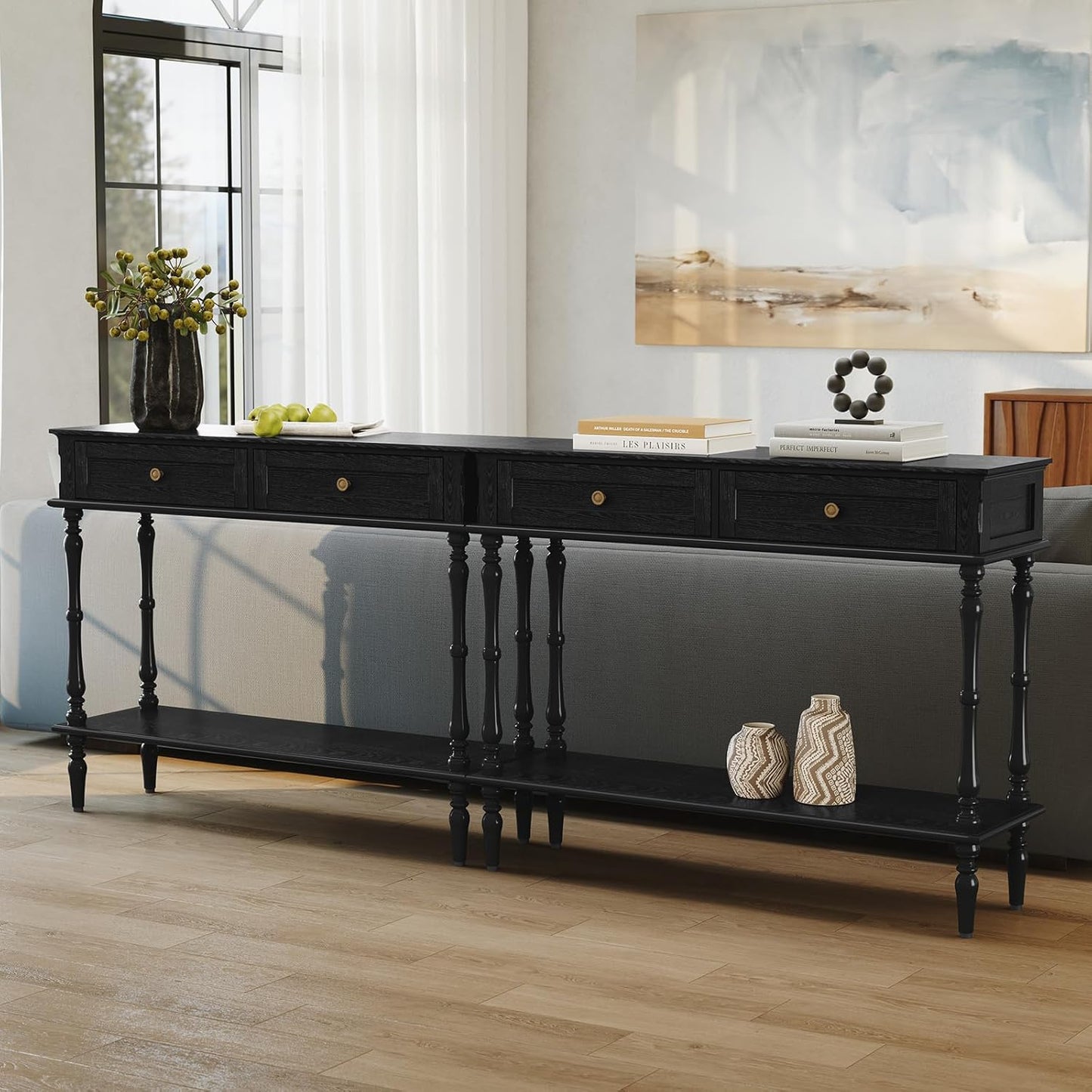 Console Table for Entryway with 2 Drawers-Minimal Assembly,Black Retro Entryway Table with Storage Cabinets and Open Shelf,Narrow Long Couch Table behind Sofa for Living Room,Foyer,Hallway