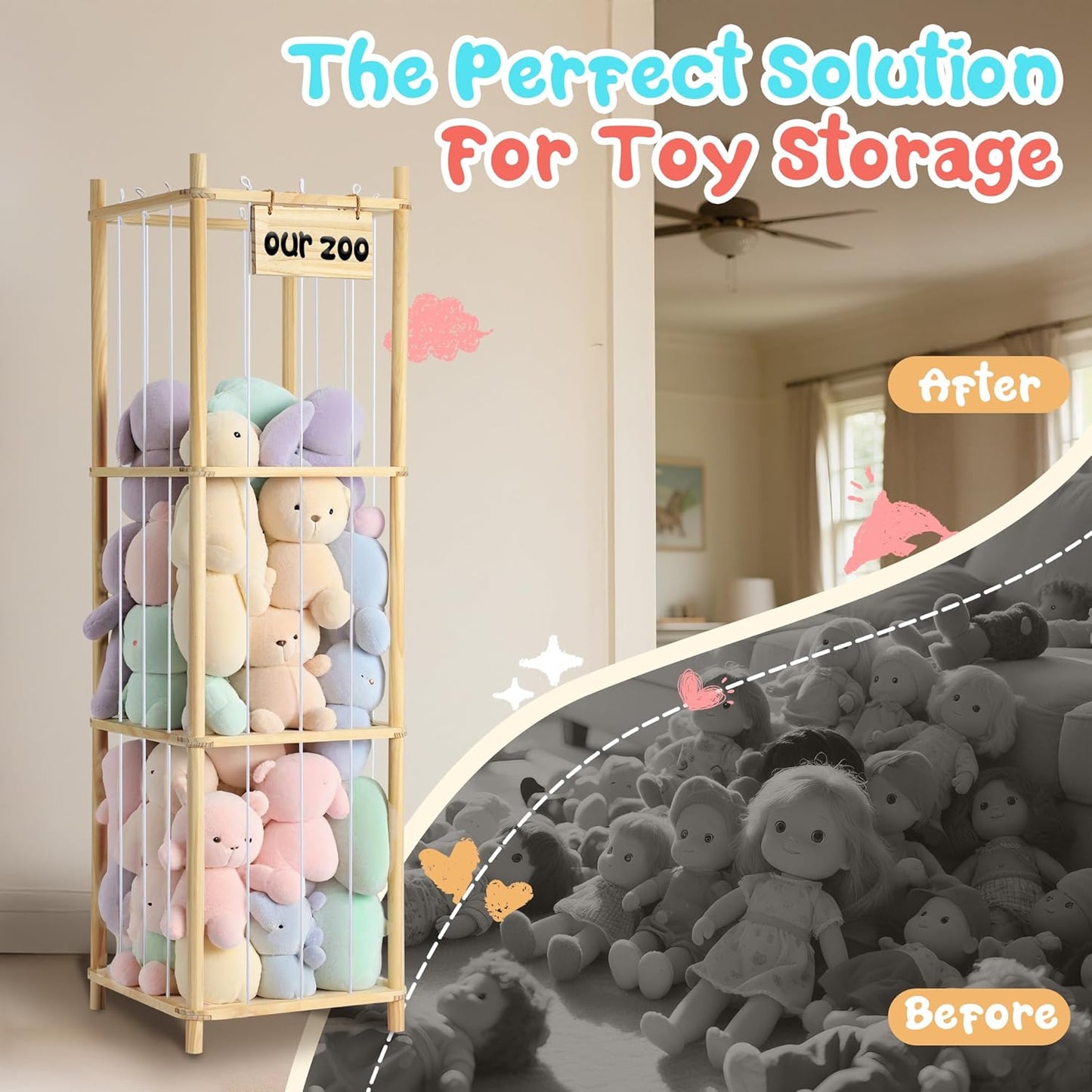 Stuffed Animal Storage, Wooden Zoo Stuffed Animal Holder with Elastic Cords, Space save Toy Organizer, Extra Large Capacit Stuffed Animal Organizer for Playroom, Bedroom, Nursery