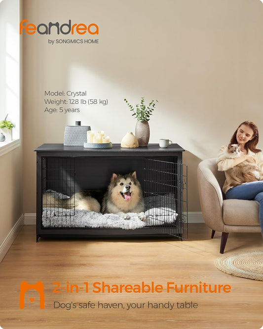 56.1" Dog Crate Furniture, Indoor Dog Cage Side End Table, XXL Pet Wood Kennel for Large and Medium Dogs up to 105 Lb with Multi-Purpose Removable Tray, Double-Door Pet House, Ink Black