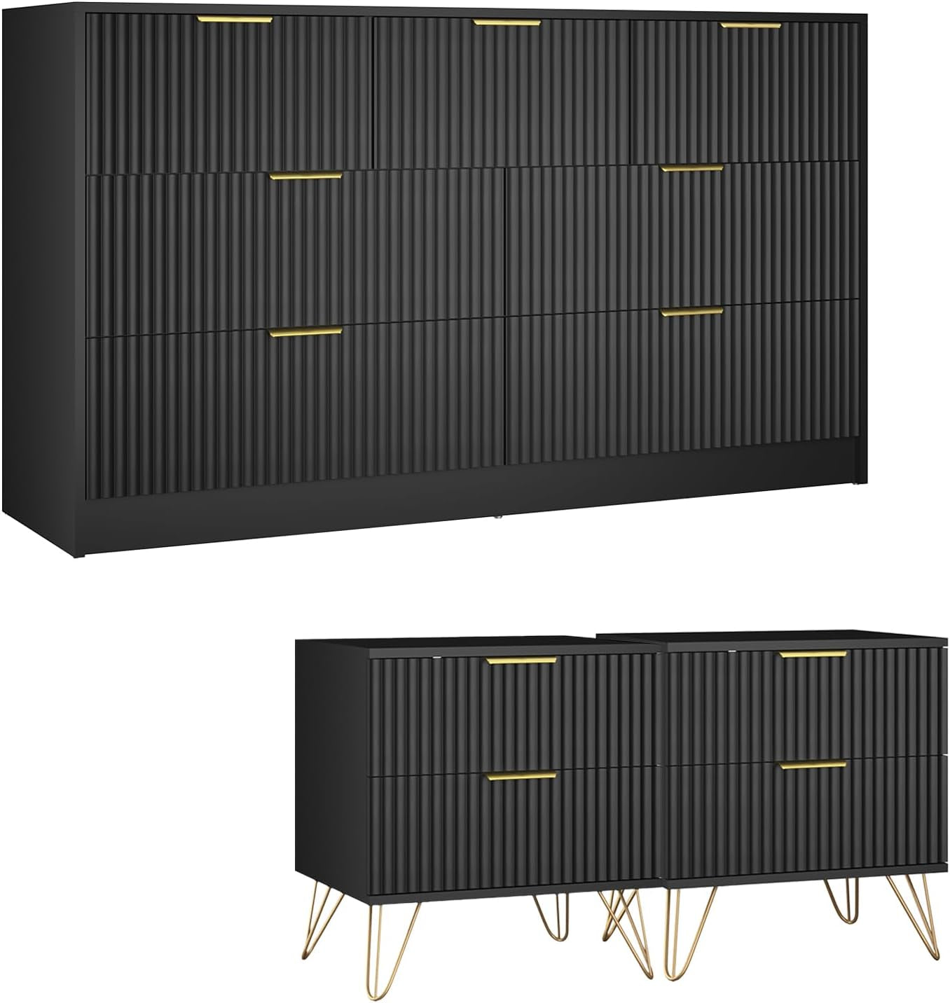 Black Dresser and Nightstand Sets, 7 Drawer Dresser Set for Bedroom 3 Piece, 55” Wide Fluted Wood Dressers W/Metal Handle & Night Stand Set of 2, Modern Bedroom Furniture Sets, Black