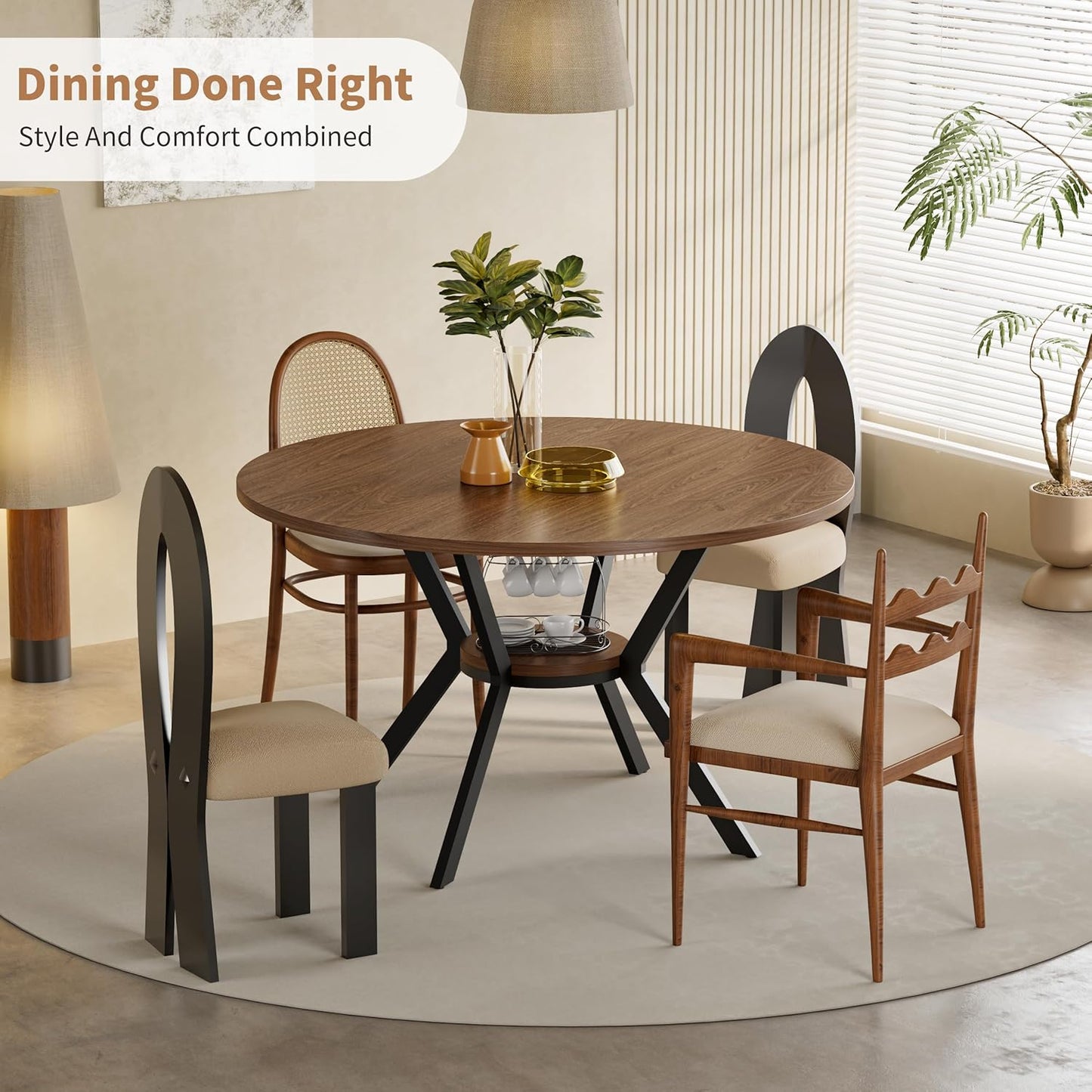 42" round Dining Table for 4, Farmhouse Kitchen Table with Storage, Space Saving Circle Dinner Table, Rustic Wood Kitchen & Dining Room Tables with Metal Legs for Kitchen, Living Room, Dining Room