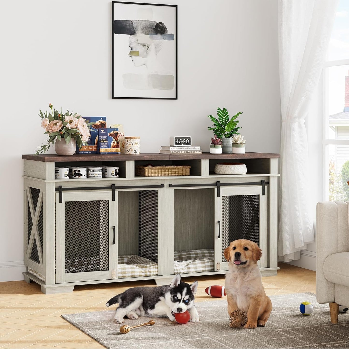 Dog Crate Furniture, 71" Heavy Duty Dog Crate Furniture with 3 Storage Compartments & Removable Divider, Stylish Double Dog Kennel Table Indoor TV Stand for Large & Medium Dogs, Dark Walnut/White