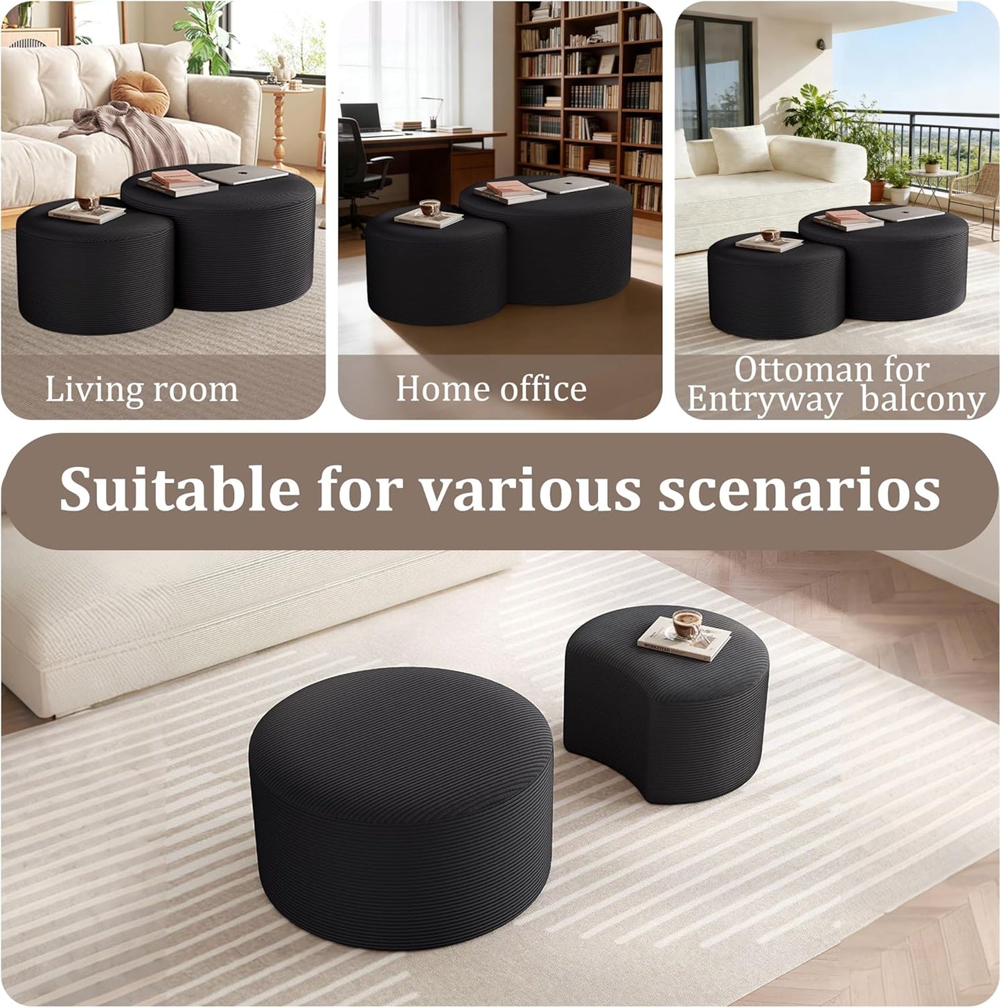 Nesting Coffee Table Set of 2, Upholstered round Corduroy Circle Foam round Side Table for Living Room, Entryway Set, 32"+17" Footrest No Assembly (Black, 32"+17")