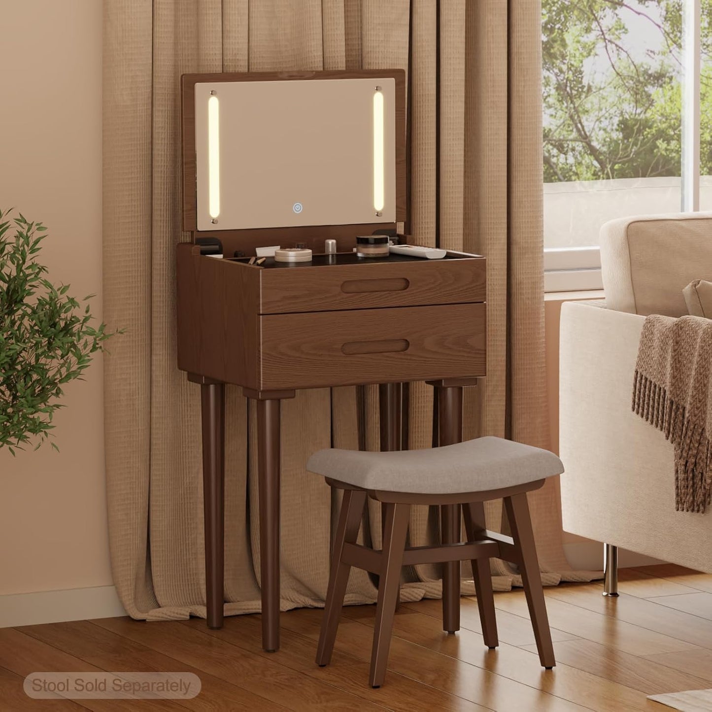 Solid Wood Small Vanity Desk with Flip Top Mirror, Brightness Adjustable Lights, Compact Vanity with Glass Top and Drawers, Slim Dressing Table for Small Space, Bedroom, Living Room, Walnut