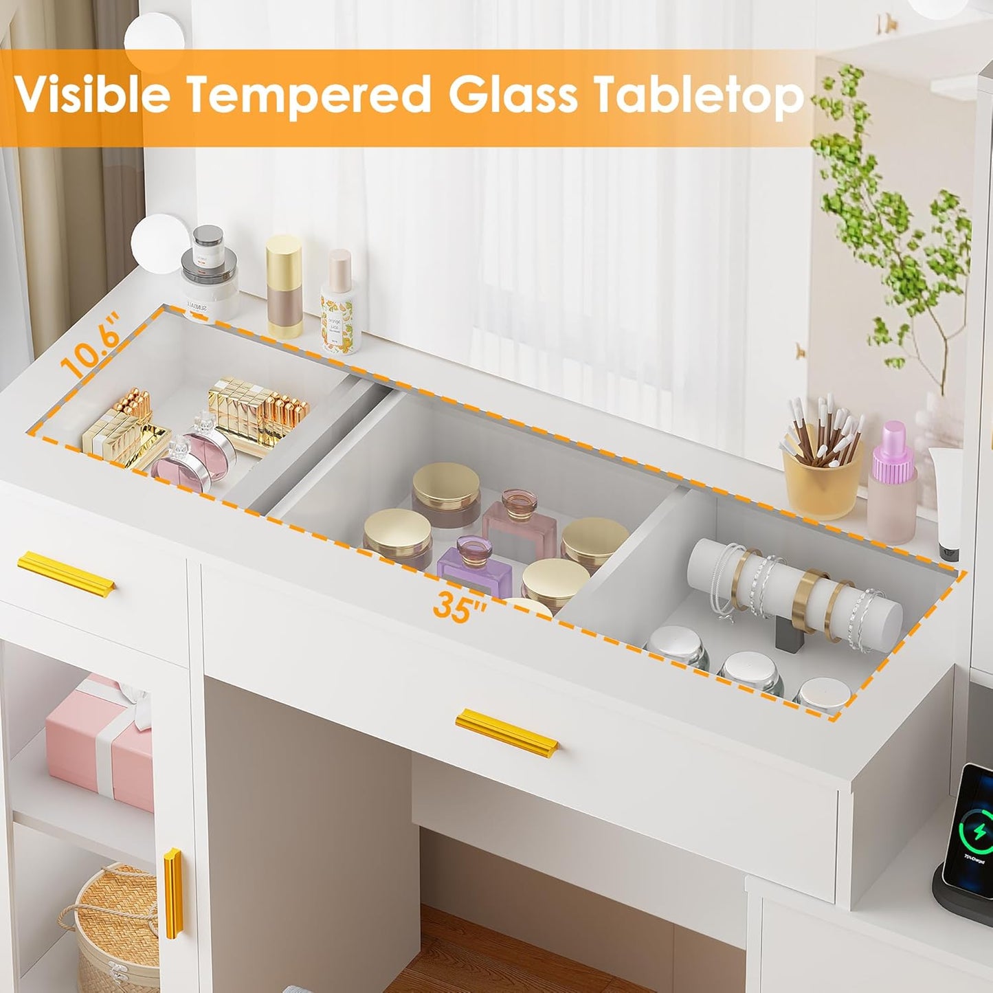 49.2" Large Vanity Desk with Mirror and Lights,White Makeup Vanity Table with Glass Top,Stool,Makeup Desk with Power Outlet,5 Drawers,Nightstand,Dressing Table for Bedroom Women FST34W