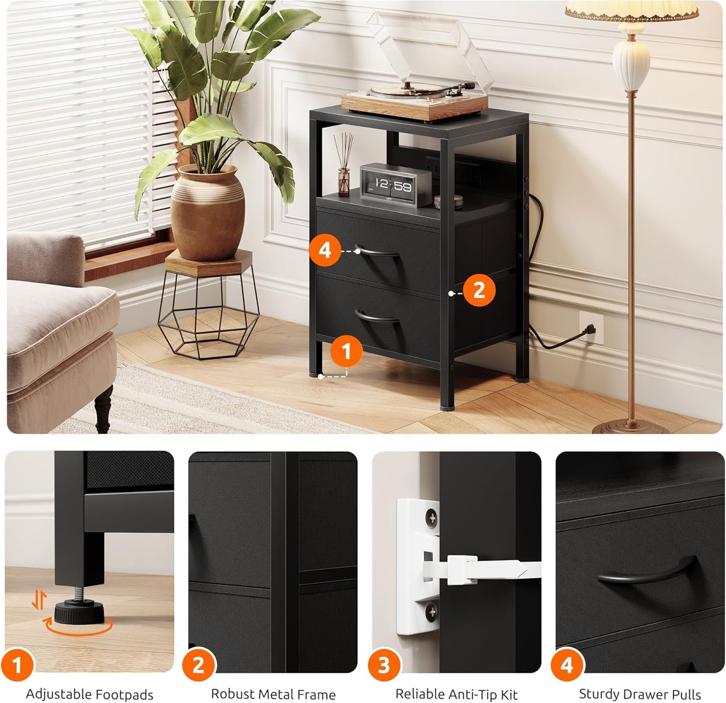 Nightstand Bedside Charging Table Bedroom - Night Stand with Charger Station, Modern Nightstand with Open Shelf & 2 Fabric Drawers, Bed Side Table with USB-C USB Ports & AC Outlets for Dorm, Black